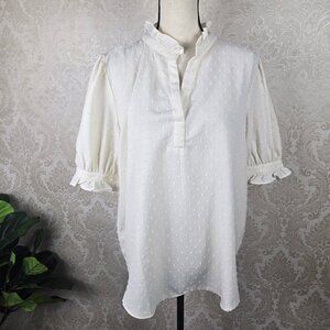 Ann Taylor Size XL Cream Split V Neck Blouse Dotted Ruffle Detail Short Sleeve